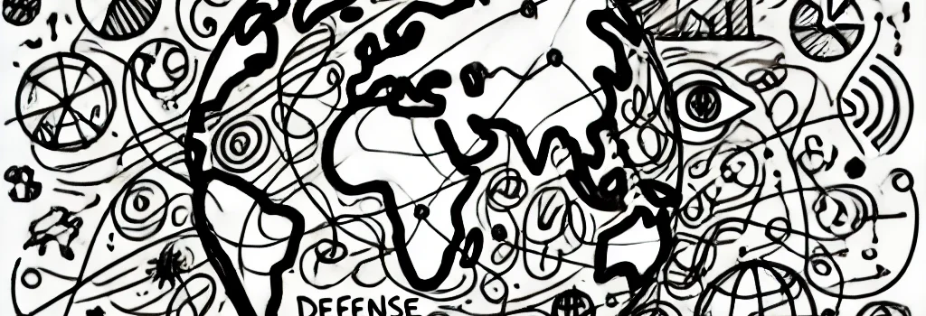 DALL·E 2025-03-09 20.36.55 - A black and white hand-drawn illustration representing global geopolitics, defense, and financial markets, in a childlike style. The lines are wobbly, Mercados y nuevo orden mundial