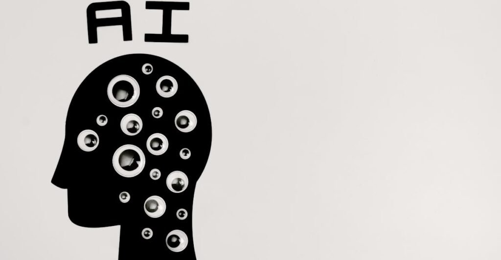 Abstract illustration of AI with silhouette head full of eyes, symbolizing observation and technology.