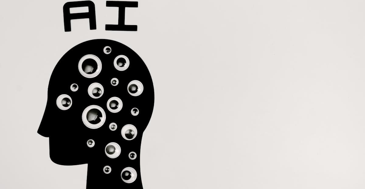 Abstract illustration of AI with silhouette head full of eyes, symbolizing observation and technology.